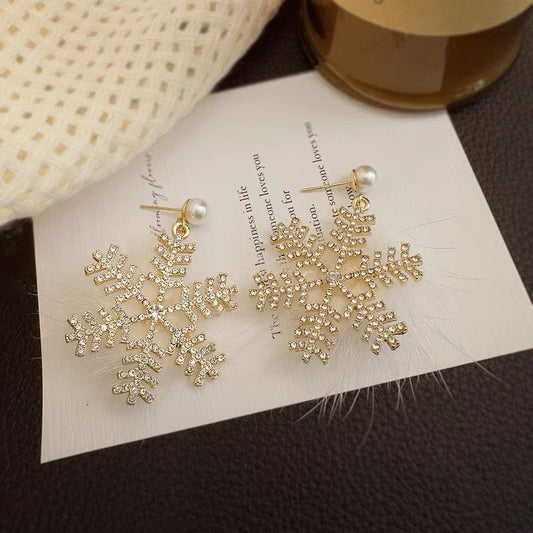 Christmas Snowflake Earrings Women's Full Diamond Pearl Plush Earrings