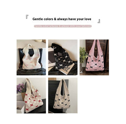 Bow High Sense Light Luxury Minority Shoulder Bag Casual Knitted Woven Bag