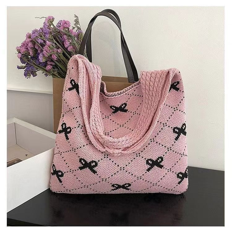 Bow High Sense Light Luxury Minority Shoulder Bag Casual Knitted Woven Bag