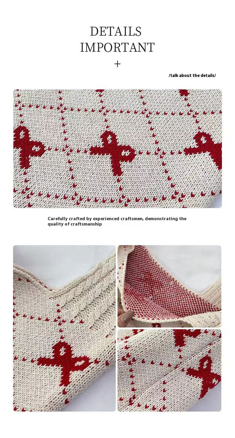 Bow High Sense Light Luxury Minority Shoulder Bag Casual Knitted Woven Bag