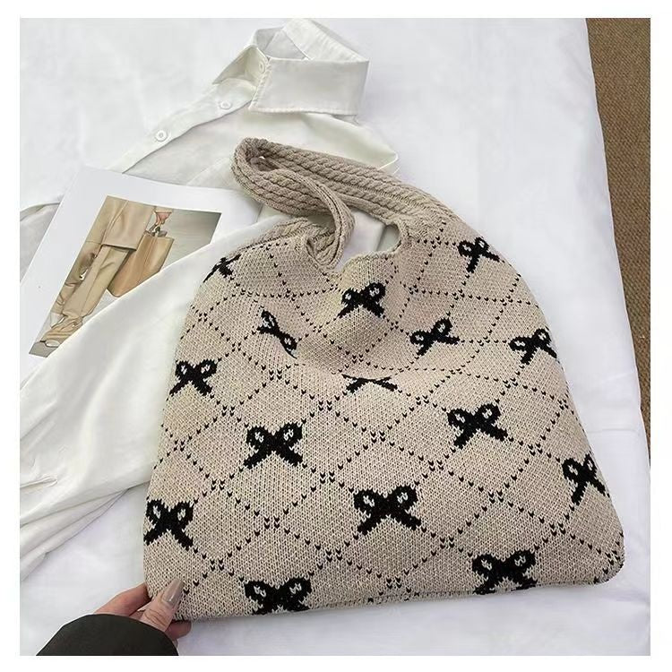 Bow High Sense Light Luxury Minority Shoulder Bag Casual Knitted Woven Bag