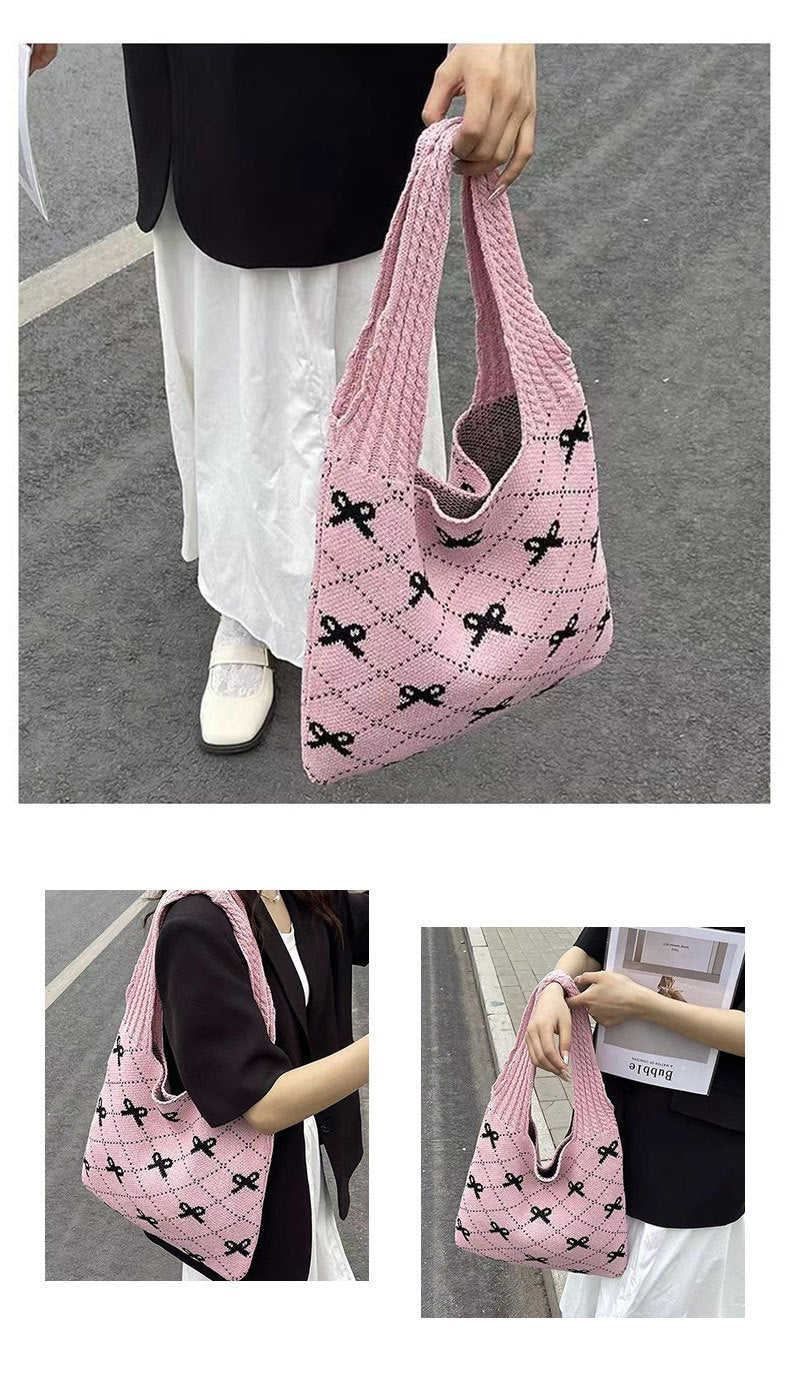 Bow High Sense Light Luxury Minority Shoulder Bag Casual Knitted Woven Bag