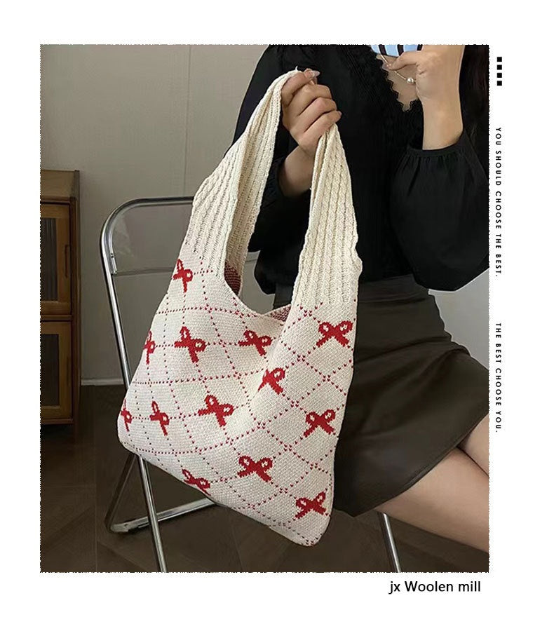 Bow High Sense Light Luxury Minority Shoulder Bag Casual Knitted Woven Bag
