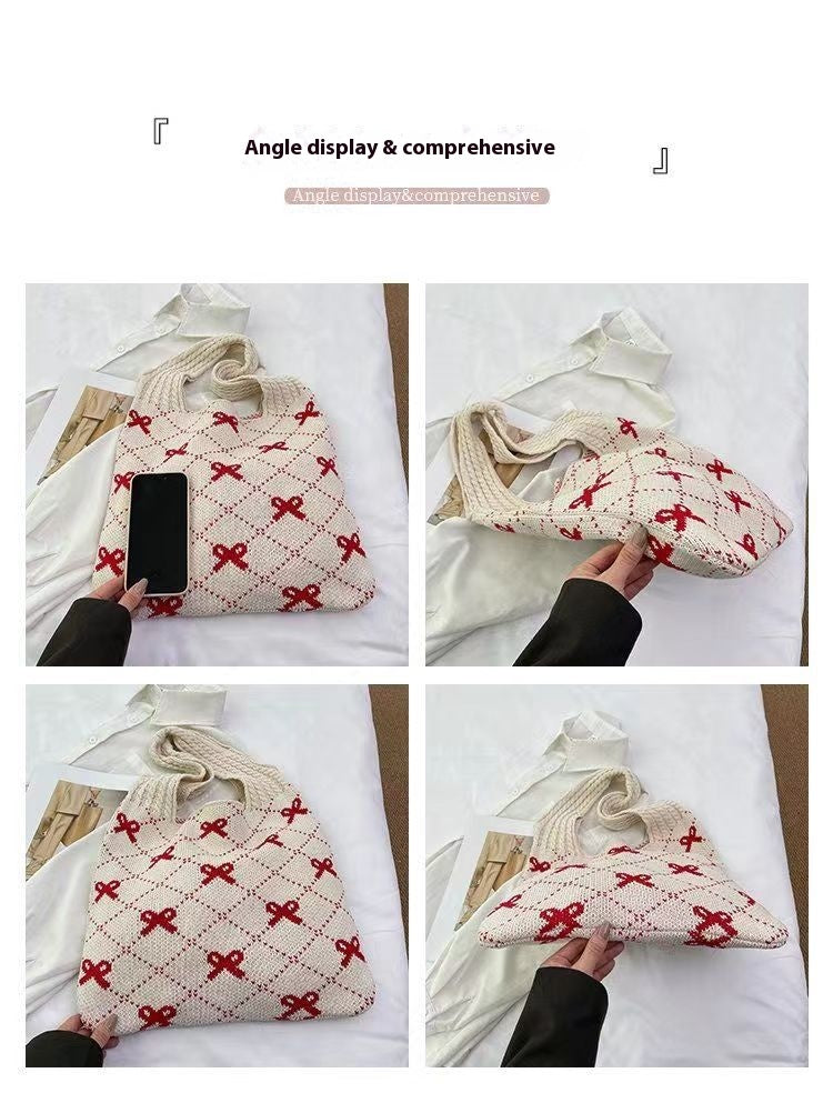 Bow High Sense Light Luxury Minority Shoulder Bag Casual Knitted Woven Bag